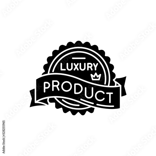 Luxury product black glyph icon. Brand equity, superior status silhouette symbol on white space. Expensive premium quality goods badge with crown and banner ribbon vector isolated illustration