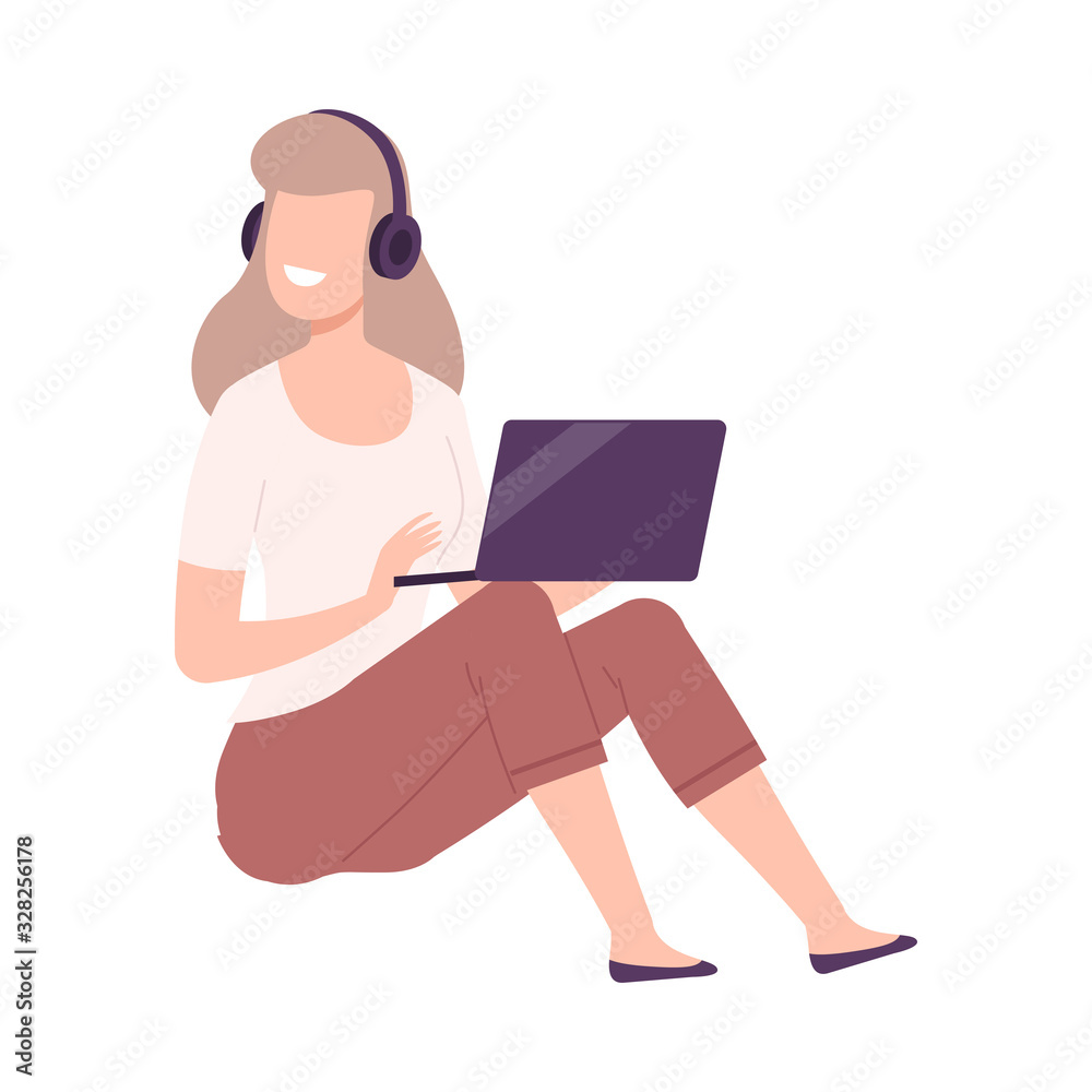 Smiling Woman in Headphones Using Tablet, Girl Sitting on the Floor and Communicating People Flat Vector Illustration Smiling Woman in Headphones Using Tablet, Girl Sitting on the Floor and Communicating People Flat Vector Illustration