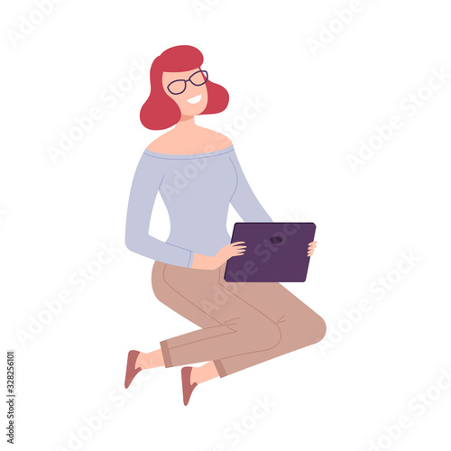 Smiling Woman with Tablet, Girl Sitting on the Floor and Communicating People Flat Vector Illustration