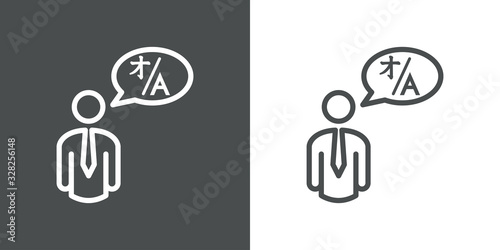 Icono plano lineal hombre con símbolo traducir en globo en fondo gris y fondo blanco