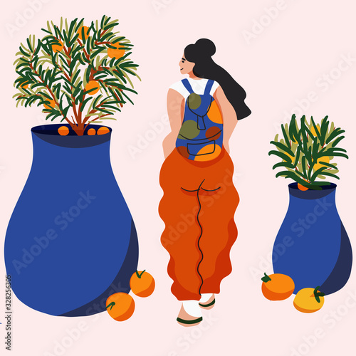  girl travelling with backpack in , cartoon style on background with plants,  trees . Woman with a backpack  arriving or departing in vacation