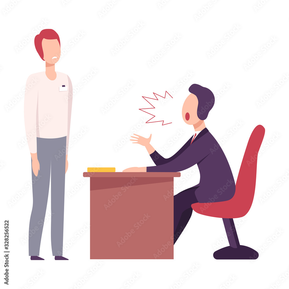 Obraz premium Rude Boss Threatening and Yelling to Male Office Worker, Stressful Working Environment Flat Vector Illustration