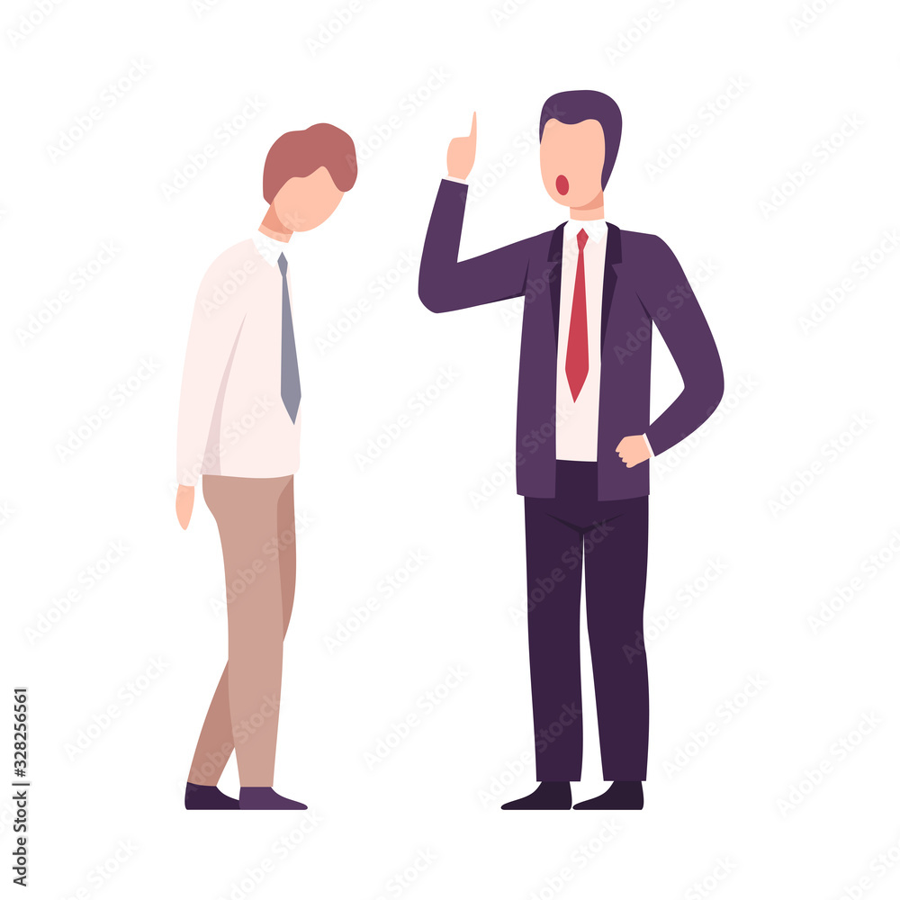 Rude Boss Threatening and Yelling to Male Office Worker, Frightened Employee Shocked by Furious Manager, Stressful Working Environment Flat Vector Illustration Rude Boss Threatening and Yelling to Male Office Worker, Frightened Employee Shocked by Furious Manager, Stressful Working Environment Flat Vector Illustration