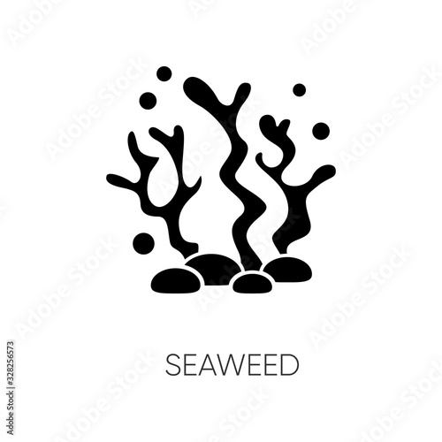 Seaweed black glyph icon. Natural component. Skincare treatment product. Antiaging effect. Ecology and biology. Marine grass extract. Silhouette symbol on white space. Vector isolated illustration