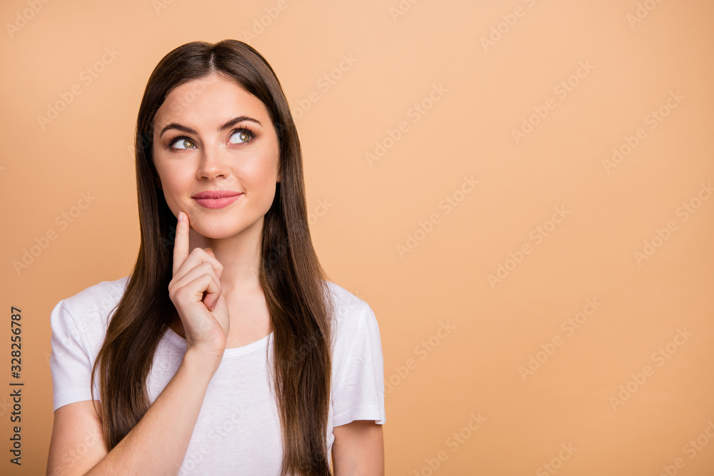 Portrait of candid pretty charming youth girl look copyspace think thoughts about summer weekends wear modern outfit isolated over pastel color background Portrait of candid pretty charming youth girl look copyspace think thoughts about summer weekends wear modern outfit isolated over pastel color background