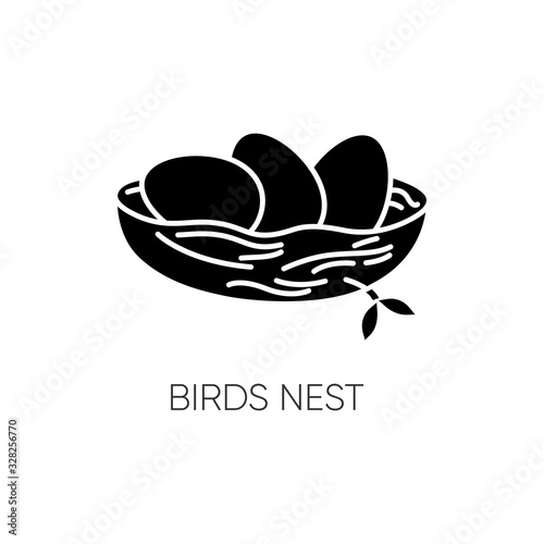 Birds nest black glyph icon. Chick breeding. Skincare product component. Eggs for Easter. Life birth. Ecology and wildlife. Spring sign. Silhouette symbol on white space. Vector isolated illustration