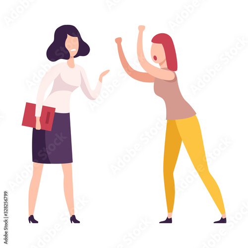 Angry Female Colleagues Arguing and Shouting, Stressful Working Environment Flat Vector Illustration