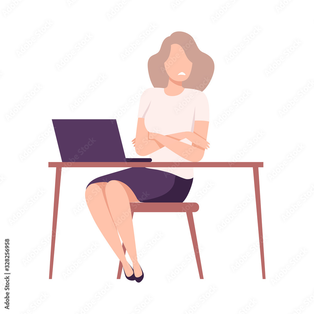 Shocked Female Office Character Sitting at the Desk, Stressful Working Environment Flat Vector Illustration Shocked Female Office Character Sitting at the Desk, Stressful Working Environment Flat Vector Illustration