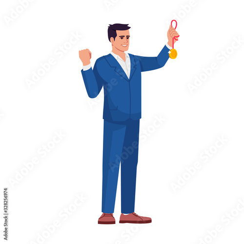 Praising best company worker semi flat RGB color vector illustration. Top manager proud with golden medal isolated cartoon character on white background. Staff skills and competencies recognition
