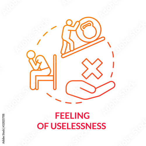 Feeling of uselessness red concept icon. Tired people. Stressed employee. Loneliness and solitude. Burnout symptom idea thin line illustration. Vector isolated outline RGB color drawing