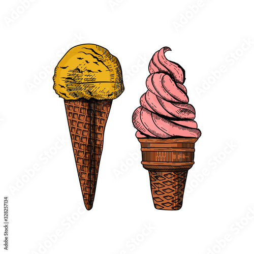 Ice cream in engraved style, vector illustration isolated on white background