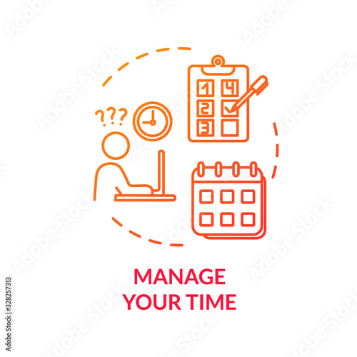 Manage your time red concept icon. Achieve goals. Demanding labor. Control project. Planning and scheduling. Avoid burnout idea thin line illustration. Vector isolated outline RGB color drawing