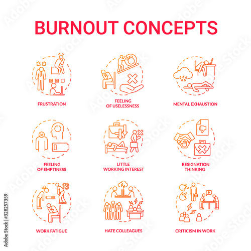 Burnout red concept icons set. Work fatigue. Conflict with colleagues. Mental exhaustion. Little working interest. Frustration idea thin line RGB color illustrations. Vector isolated outline drawings