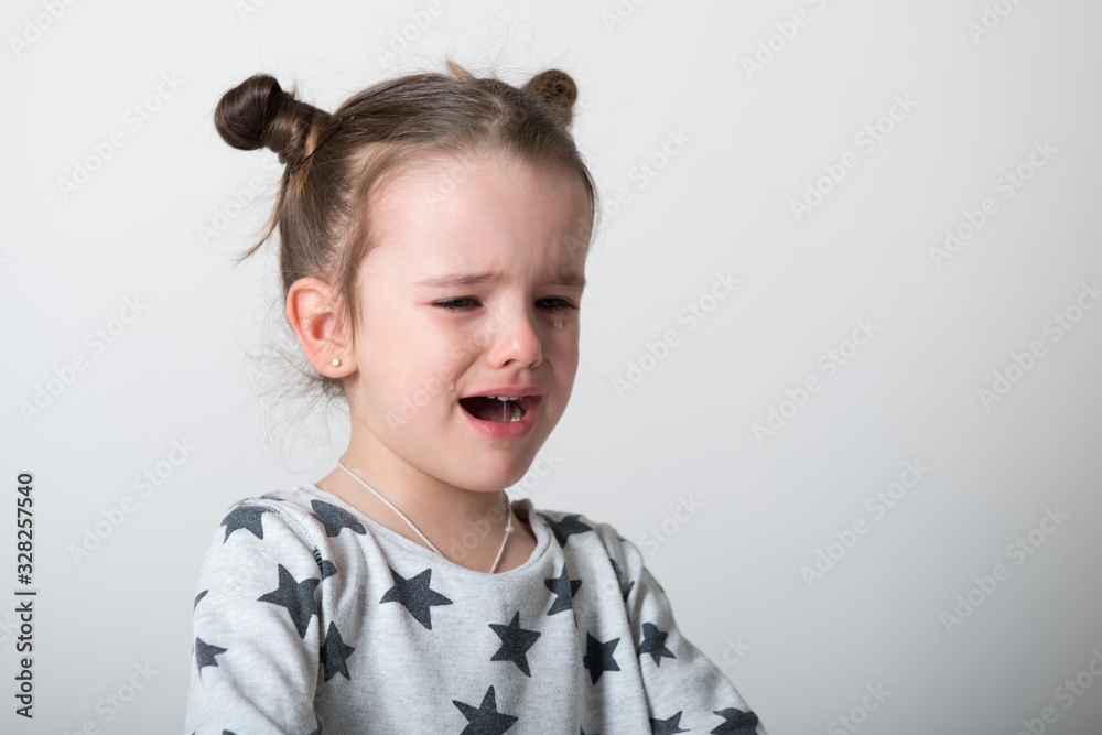 Crying little girl. Upset kid. Sad kid portrait. Cute little girl crying and does not want to go in bed at night Crying little girl. Upset kid. Sad kid portrait. Cute little girl crying and does not want to go in bed at night