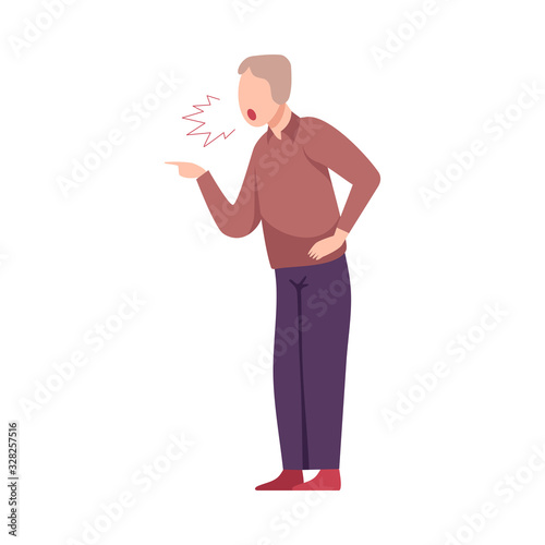 Rude Angry Businessman Character Yelling and Pointing with His Finger Flat Vector Illustration