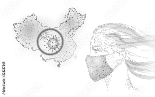 Woman face mask. Infection pneumonia prevention healthcare. 3D low poly female human white banner. Wear surgical medical mask against virus epidemic vector illustration