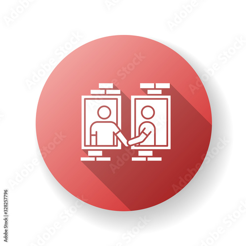 Neighbors in window frames red flat design long shadow glyph icon. Dormitory mates relationship. Dormmates greeting each other. People living in one apartment block. Silhouette RGB color illustration