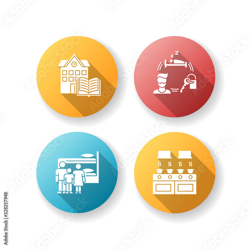 Dormitory flat design long shadow glyph icons set. Family dorm. Communal kitchen. Common space. Shared bedroom. Renting. Campus library. Living conditions. Silhouette RGB color illustration