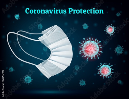 Medical mask to protect people from viruses, coronavirus and polluted air. Side view. 3D volumetric realistic image. Realistic on a dark background. Vector illustration.