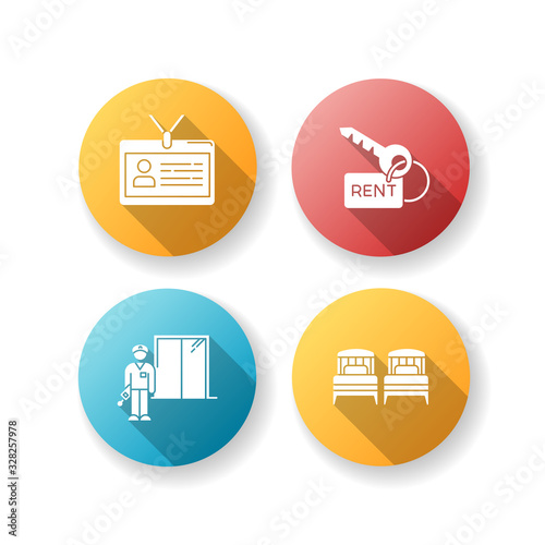Renting hotel room flat design long shadow glyph icons set. Living accommodation. Single beds. Security guard, elevator operator. Apartment key. Identity badge. Silhouette RGB color illustration