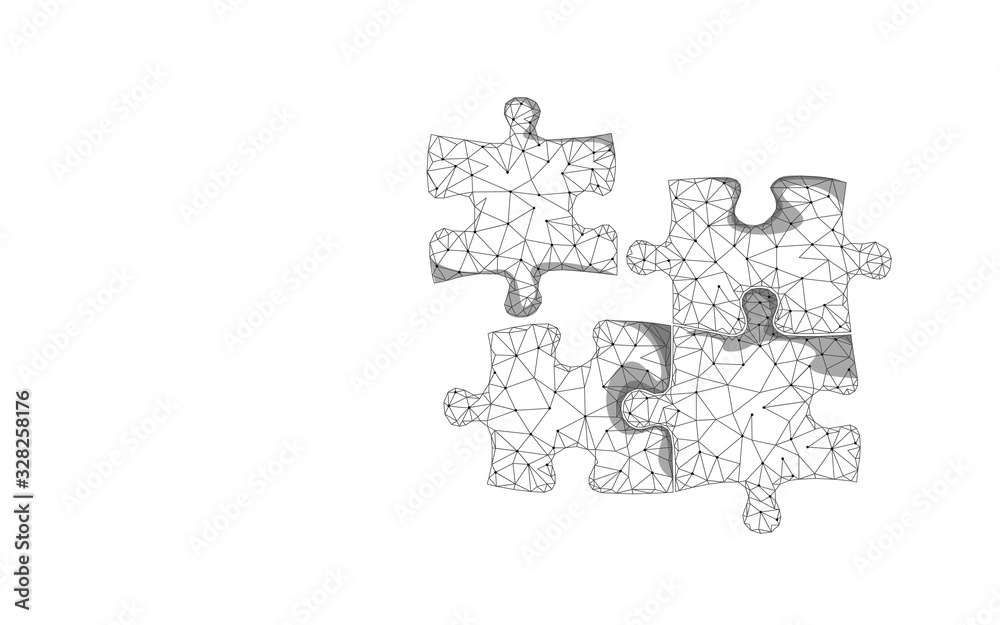 3D puzzle pieces joined together. teamwork business concept. Creative idea problem solution cooperation. Low poly white light strategy match part game vector illustration 3D puzzle pieces joined together. teamwork business concept. Creative idea problem solution cooperation. Low poly white light strategy match part game vector illustration