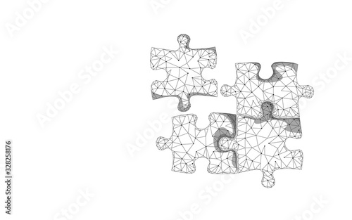 3D puzzle pieces joined together. teamwork business concept. Creative idea problem solution cooperation. Low poly white light strategy match part game vector illustration