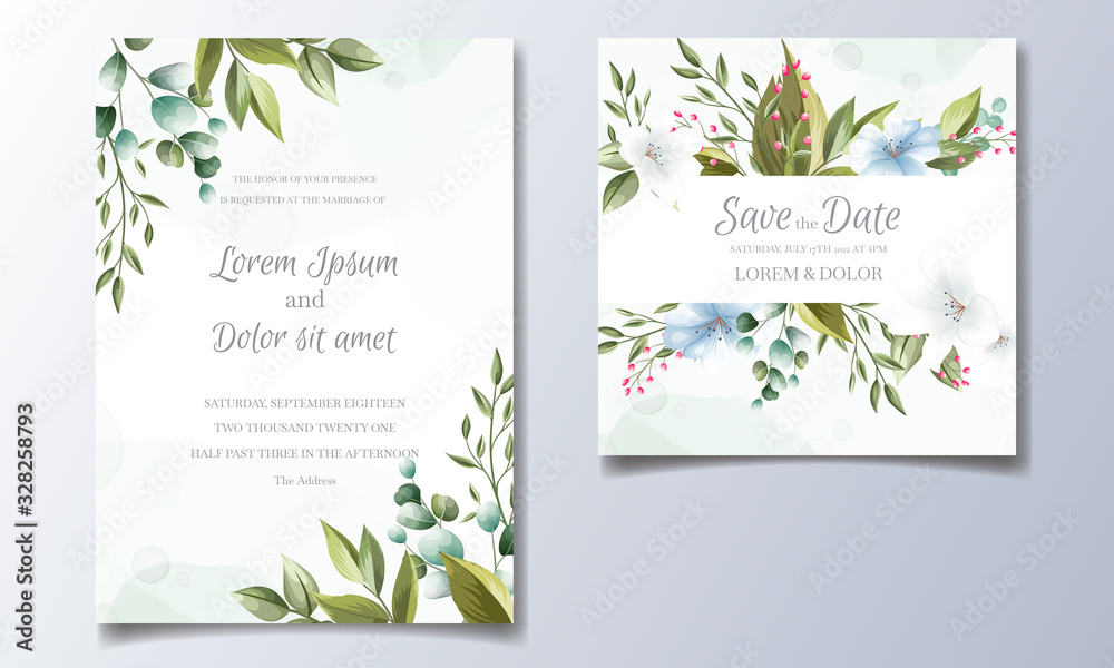 Set of cards with floral decoration. greenery wedding invitation template design