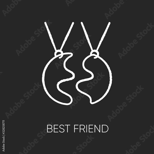 Best friend chalk white icon on black background. Strong interpersonal bond, friendship. Friendly relationship accessory. BFF charm, necklace isolated vector chalkboard illustration