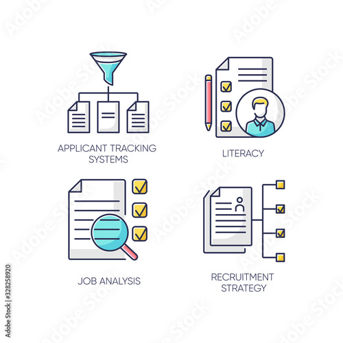 Professional employment RGB color icons set. Applicant tracking system, literacy, job analysis and recruitment strategy. Headhunting company, executive search. Isolated vector illustrations