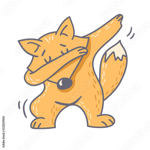Cute cartoon fox in a dance dab pose. Children vector illustration isolated on white background. Can be used for stickers, logo, badges, cards.