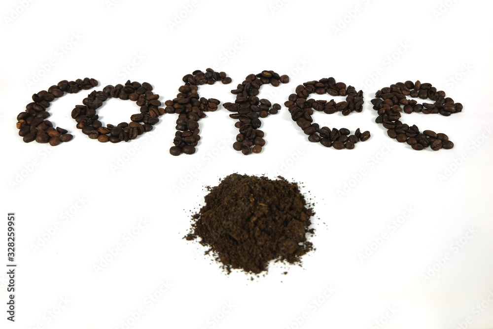 The coffee beans are arranged in alphabetical order and the coffee powder is on a white background. The coffee beans are arranged in alphabetical order and the coffee powder is on a white background.