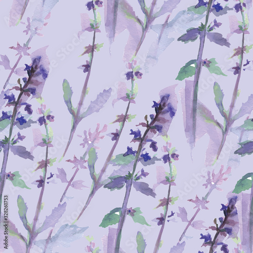 Seamless pattern with watercolor wildflowers in vector format. Lavender flowers field background. photo