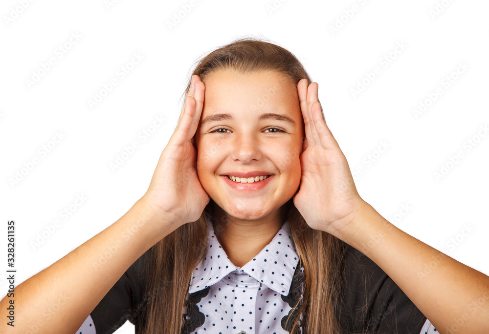 portrait of smiling brunette teen girl on white background portrait of smiling brunette teen girl on white background