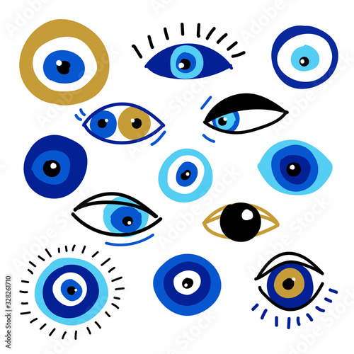 Set of various evil eyes, different talismans in hand drawn flat design, contemporary modern trendy style