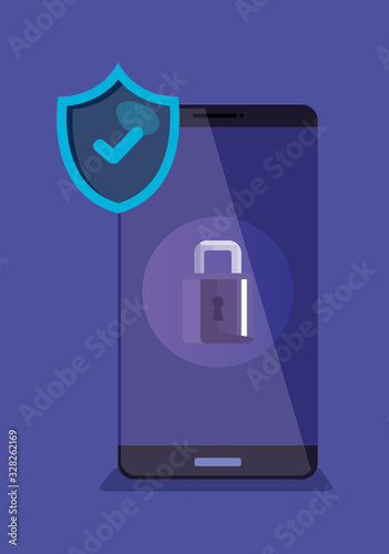 smartphone with shield and padlock vector illustration designicon photo