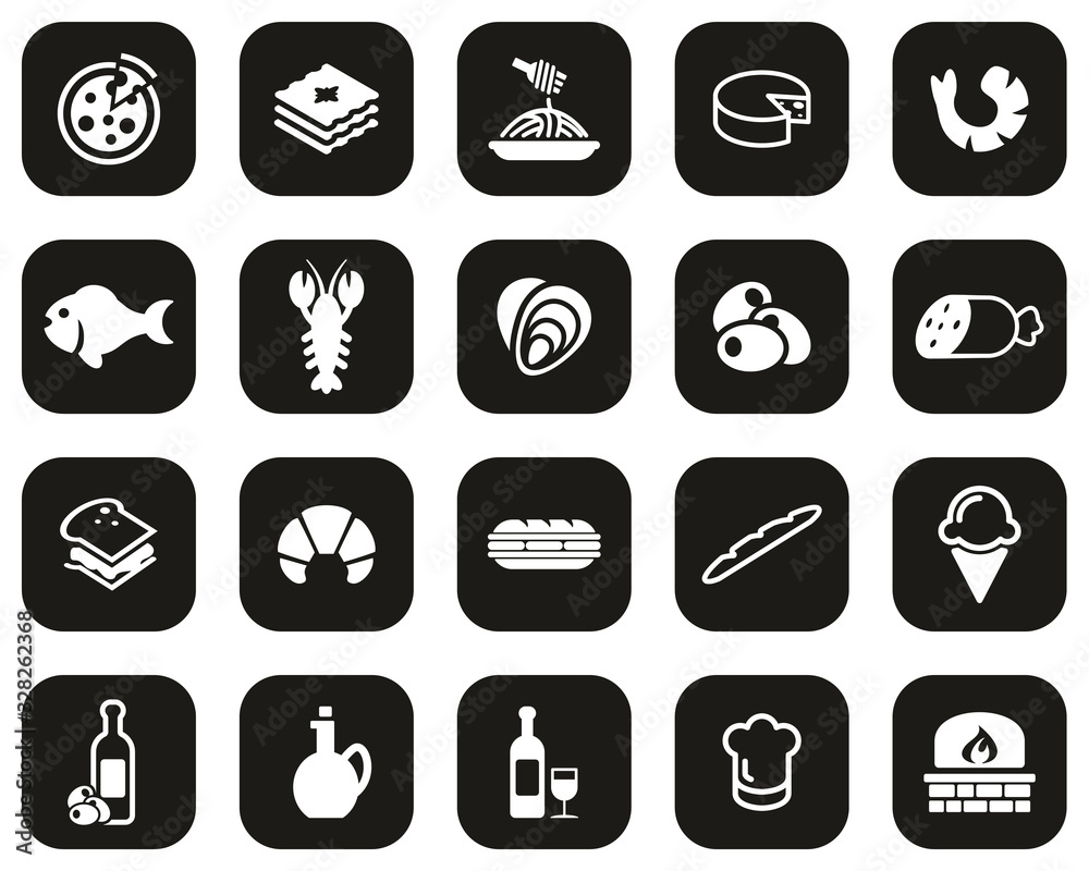 Italian Traditional Food & Culture Icons White On Black Flat Design Set Big Italian Traditional Food & Culture Icons White On Black Flat Design Set Big