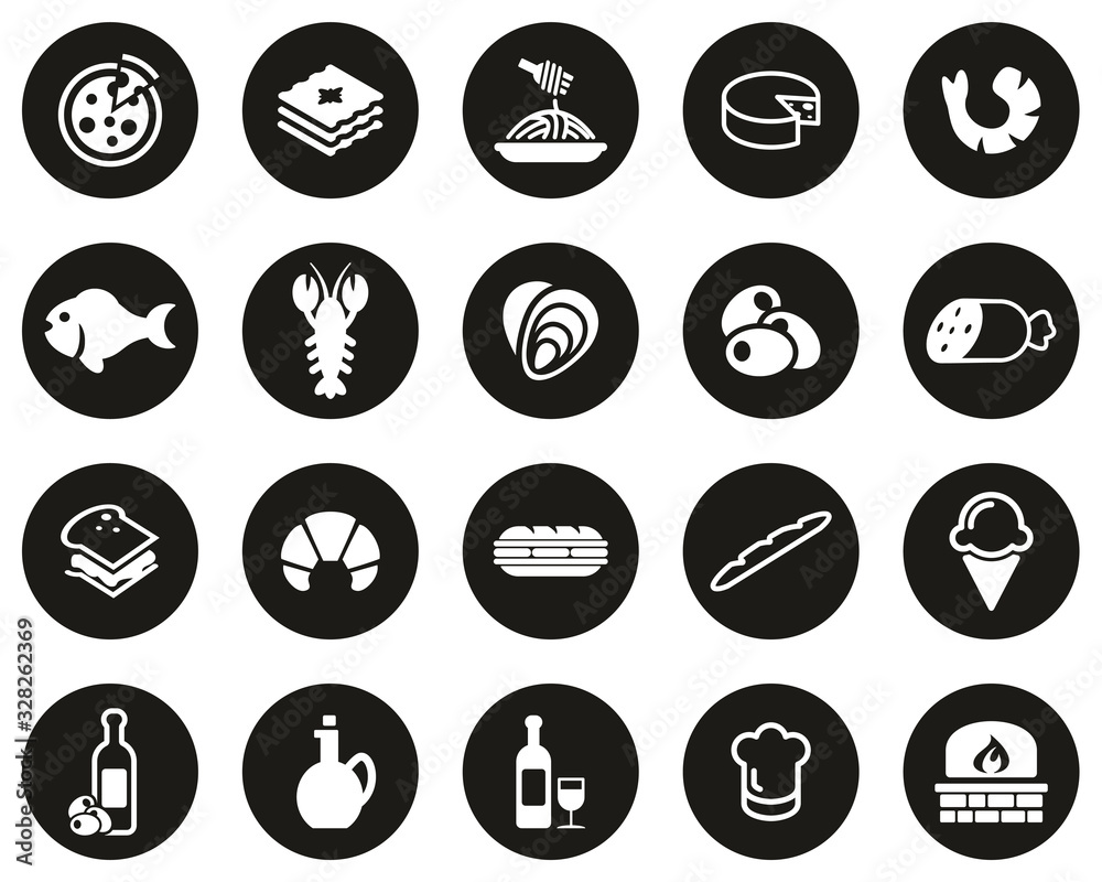 Italian Traditional Food & Culture Icons White On Black Flat Design Circle Set Big Italian Traditional Food & Culture Icons White On Black Flat Design Circle Set Big