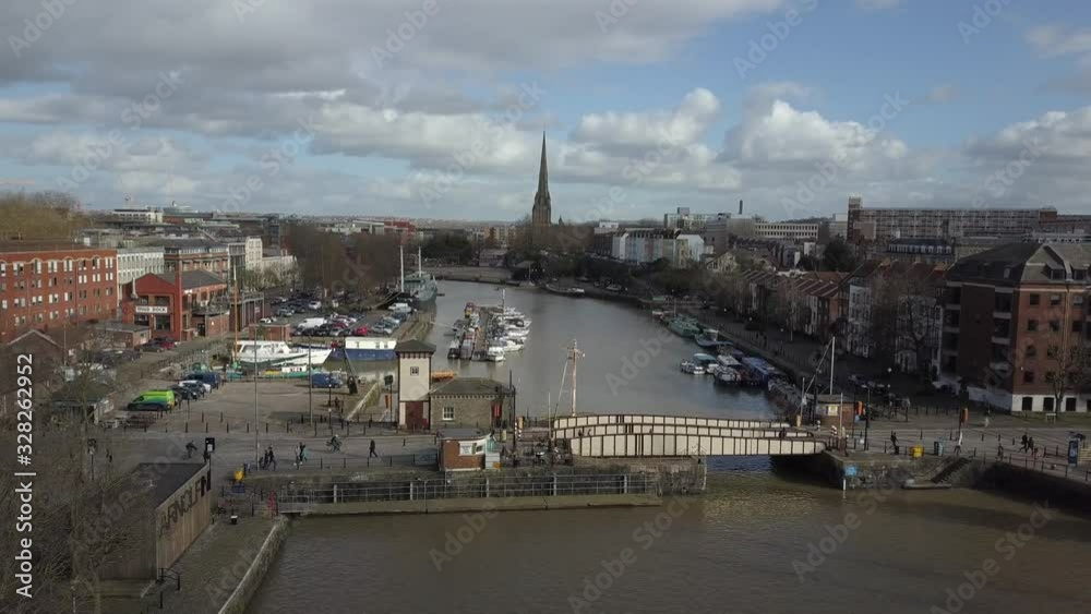 Aerial view of a downtown river marina o a sunny day Aerial view of a downtown river marina o a sunny day