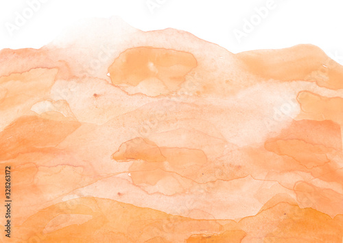 Watercolor yellow, brown hill, hillock, grass. Desert, sand. Summer, autumn landscape on white isolated background. The color splashing on the paper. Abstract blot, background. Desert landscape photo