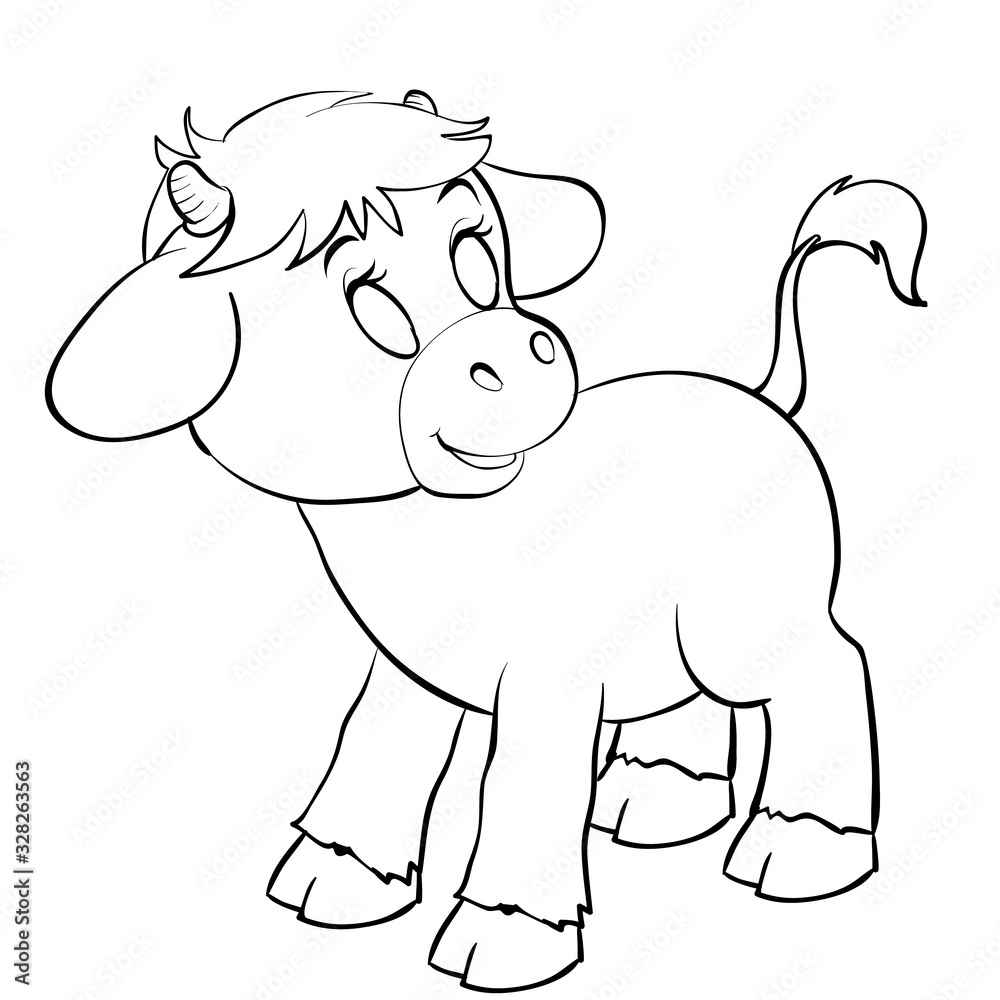 cute calf for coloring, outline drawing, isolated object on white background,
