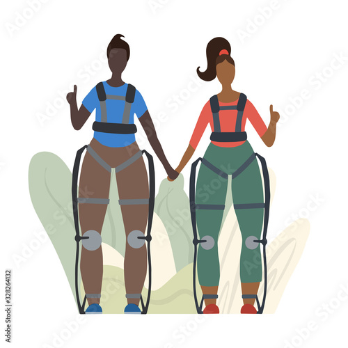 Pair of happy healthy african people in exosuits on abstract leaves. Innovation in medicine. Exoskeleton for people with disabilities. Vector flat image for articles and your creativity.