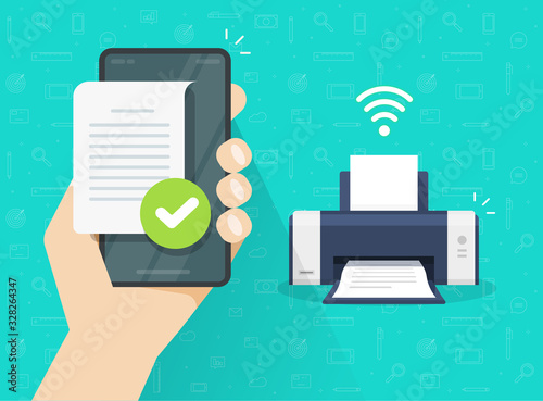 Printer printing document wirelessly from mobile phone or smartphone wifi connection vector flat cartoon illustration, file air print on fax or ink jet via cellphone bluetooth modern design image photo