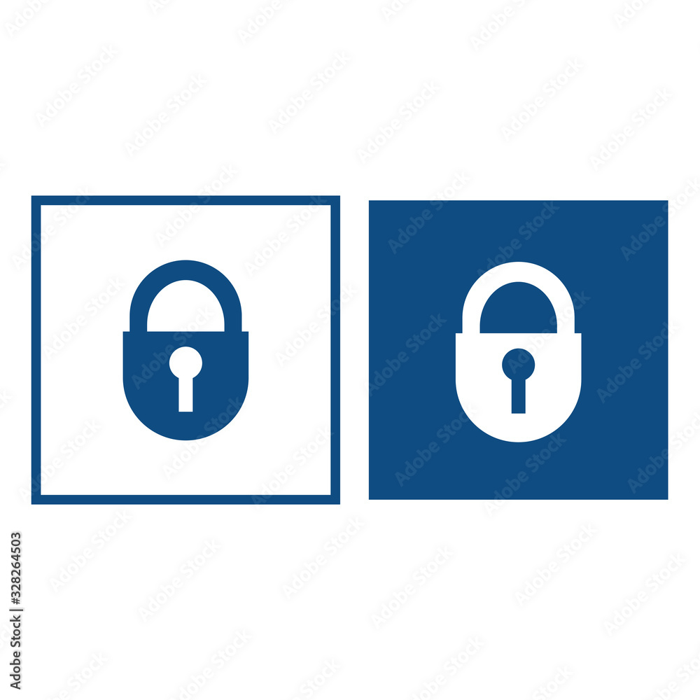 Silhouette padlock. The symbol is located in a square frame. Vector blue icons. Silhouette padlock. The symbol is located in a square frame. Vector blue icons.
