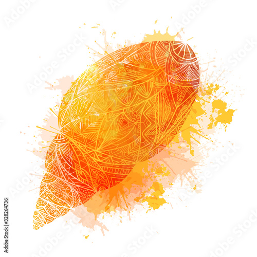 Yellow watercolor illustration of a seashell with boho pattern and splashes. Snail shell. Vector colorful doodle picture for banner, card and your creativity.