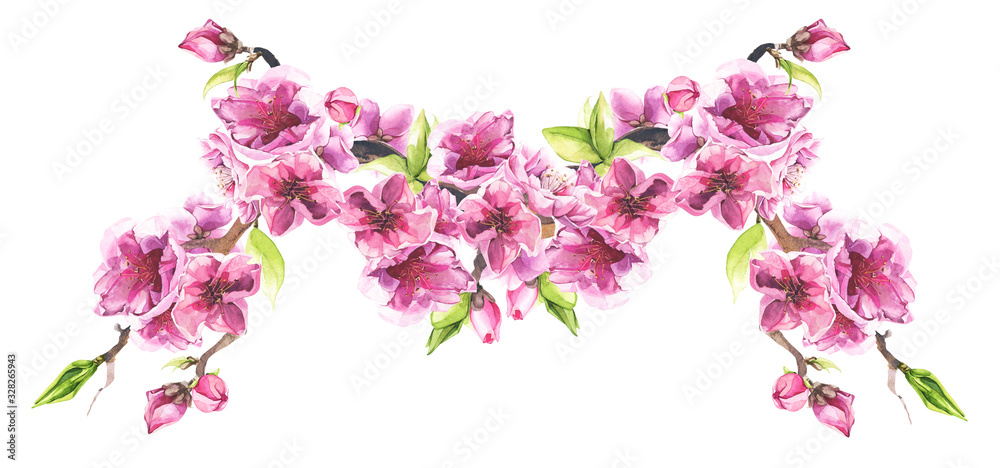 Watercolor painted branch with pink cherry blossoms. Isolated floral arrangement illustration. Watercolor painted branch with pink cherry blossoms. Isolated floral arrangement illustration.