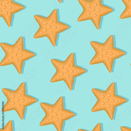 Seamless pattern of yellow starfish on blue background. Bright illustration in flat style. Marine and summer theme. Good for cover and cute print for kids clothes.
