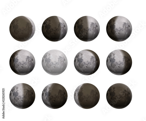 The whole cycle of moon phases from new moon to full, realistic detailed satellites on white