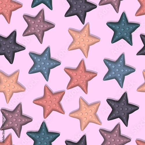 Seamless pattern of multicolored starfish on pink background. Bright illustration in flat style. Marine and summer theme. Good for cover and cute print for kids clothes.