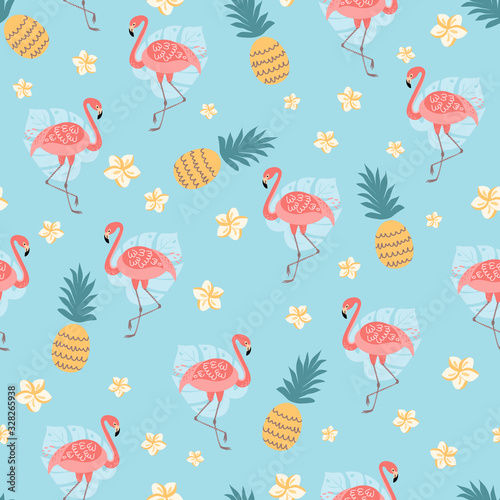 Flamingo seamless pattern Tropical print Cute pineapple flowers on summer blue background Vector