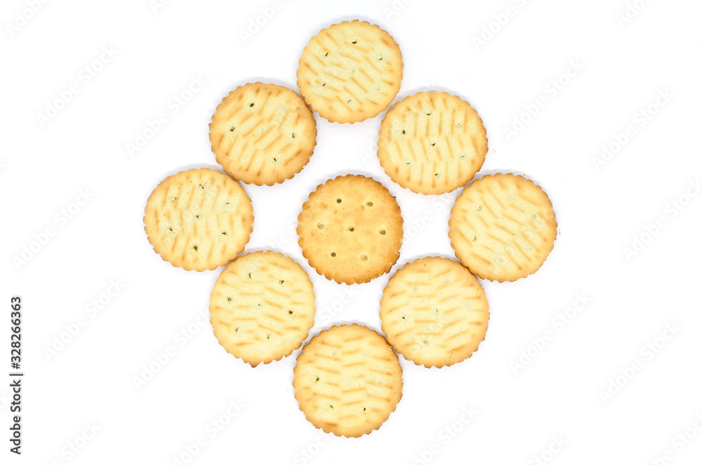 several round cookies crackers isolated on white background several round cookies crackers isolated on white background